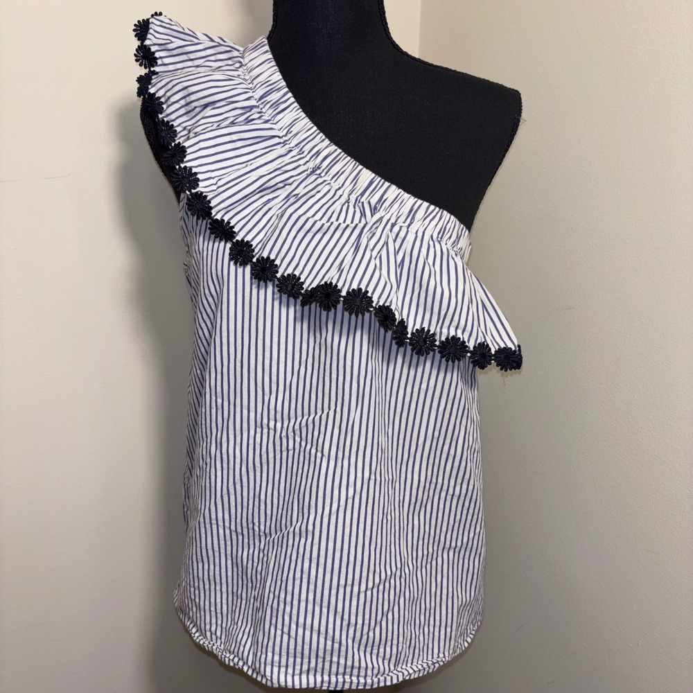 Striped One Shoulder Ruffle Floral‎ Trim Blue White CotageCore Womens Medium Top